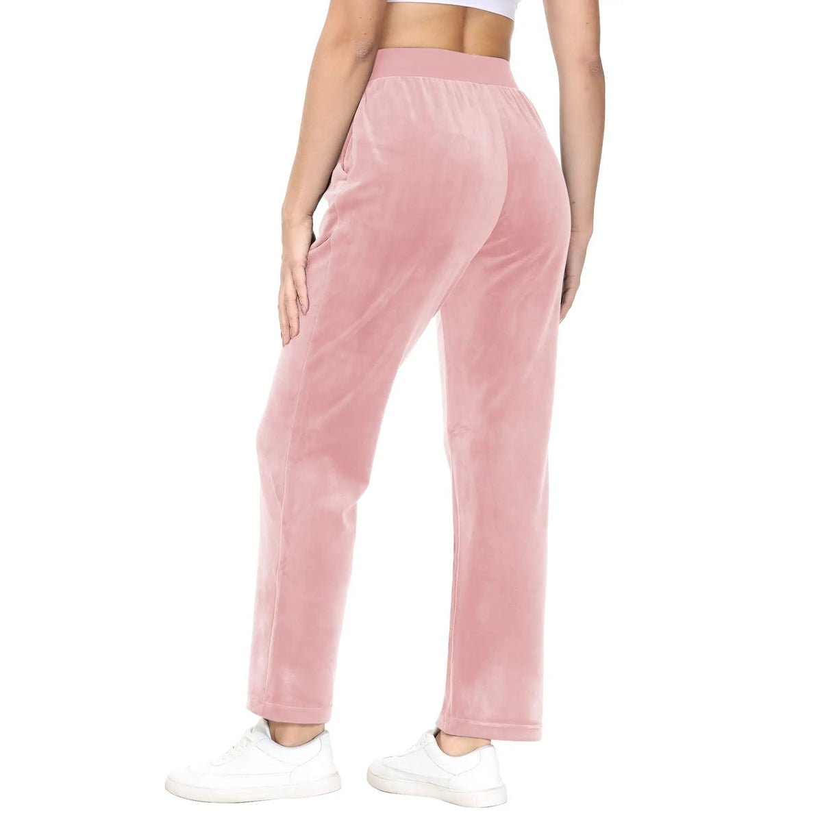 Calças de yoga Soft Flow em veludo rosa com cordão – vista de costas