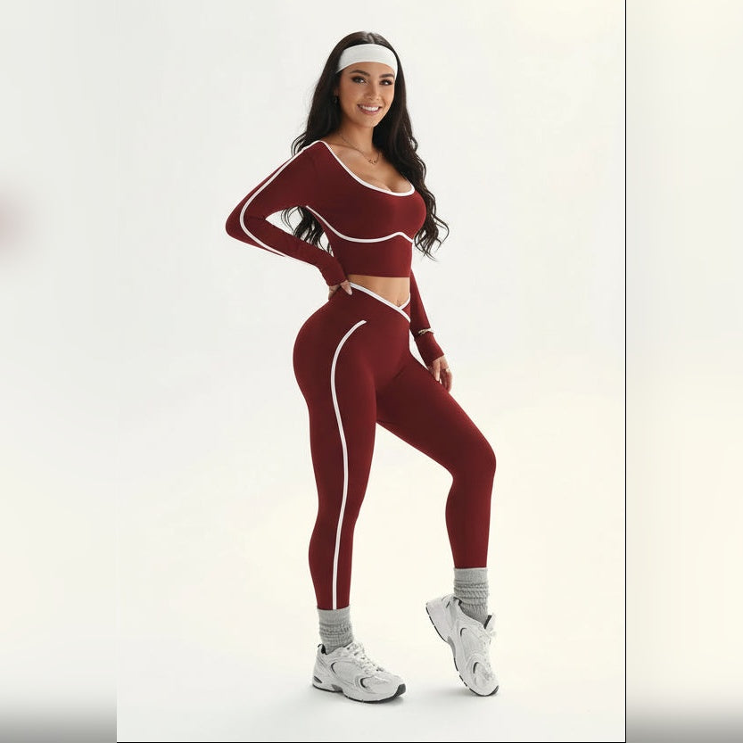 Conjunto Presence cor de vinho com debrum branco e fita na cabeça – vista de frente