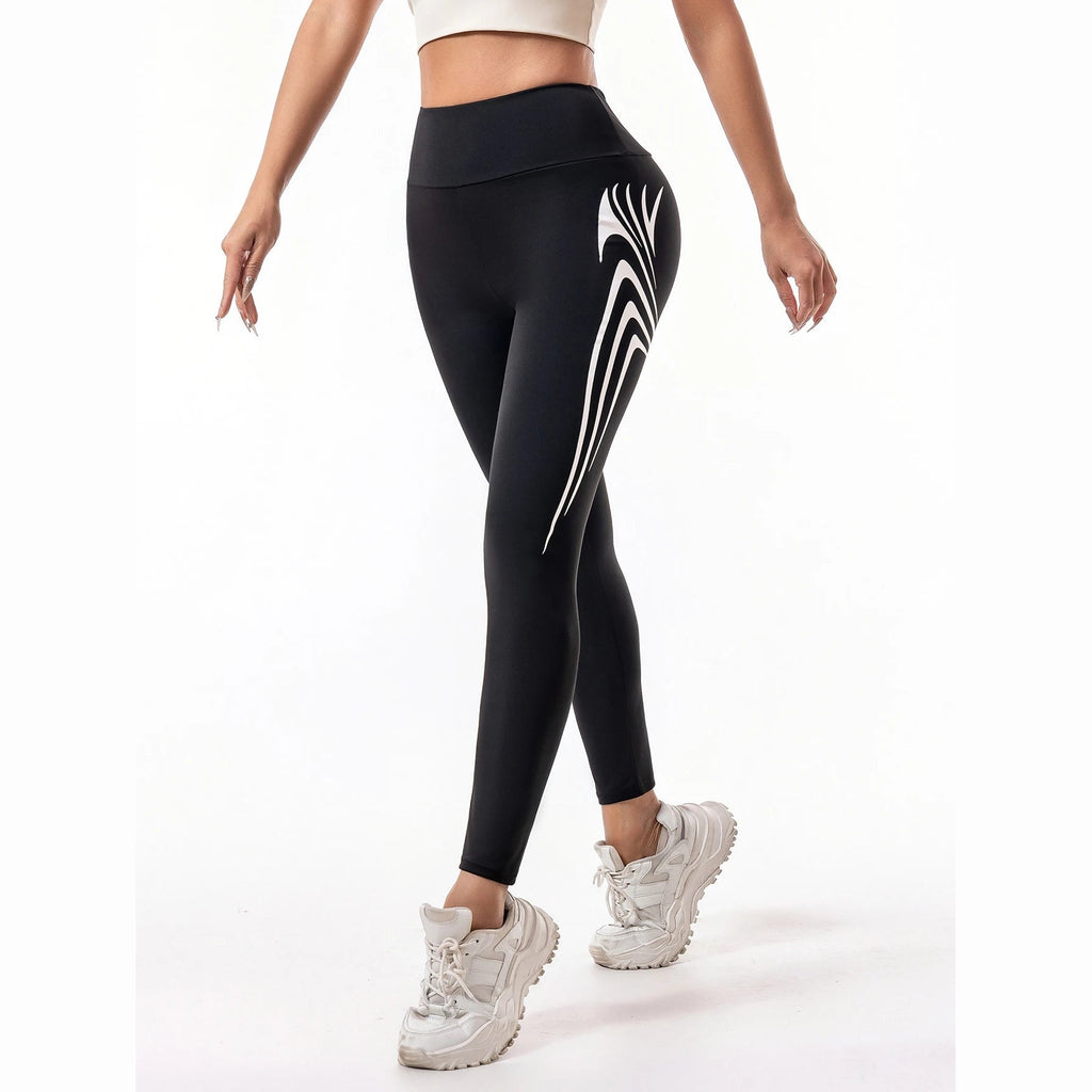 Leggings Alvoa pretas com riscas brancas – vista de frente