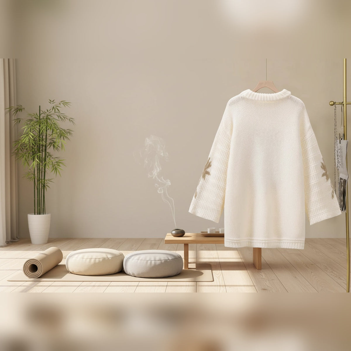 Camisola Padma Soft branca de malha num cabide numa sala – vista do produto