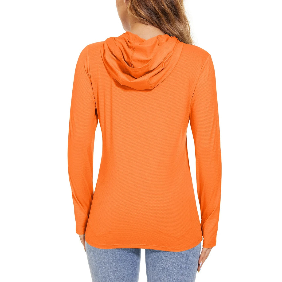 Camisola SunGuard Flow laranja de manga comprida com capuz – vista de costas