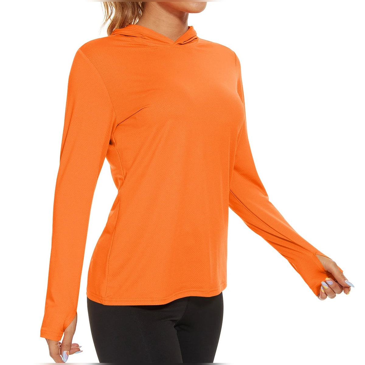 Camisola SunGuard Flow laranja de manga comprida com capuz – vista lateral