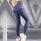 Leggings de yoga com bolsos azuis com bolso lateral – vista lateral