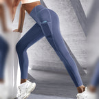 Leggings de yoga com bolsos azuis em movimento – vista lateral