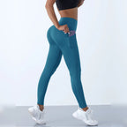 Leggings de yoga com bolsos azul-esverdeadas de cintura alta – vista de costas
