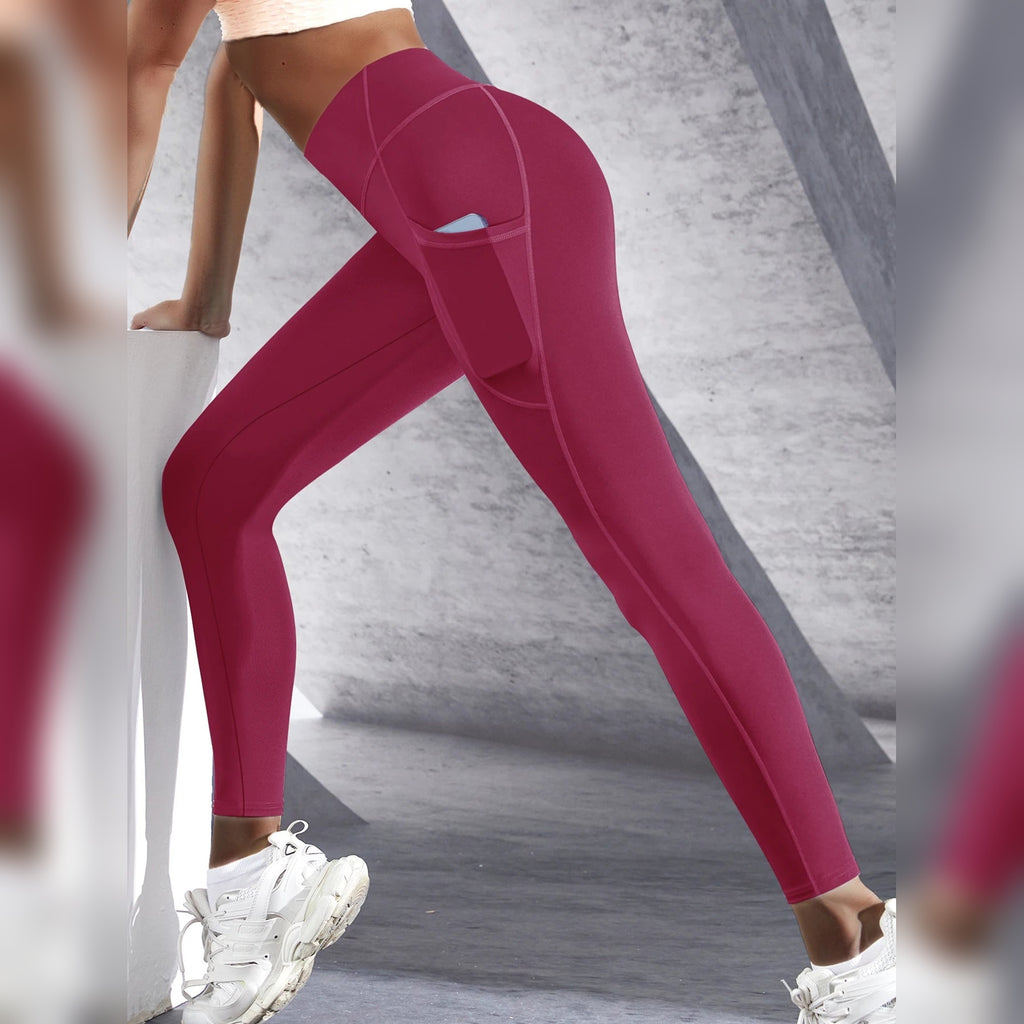 Leggings de yoga com bolsos vermelhas com bolso lateral para telemóvel – vista lateral