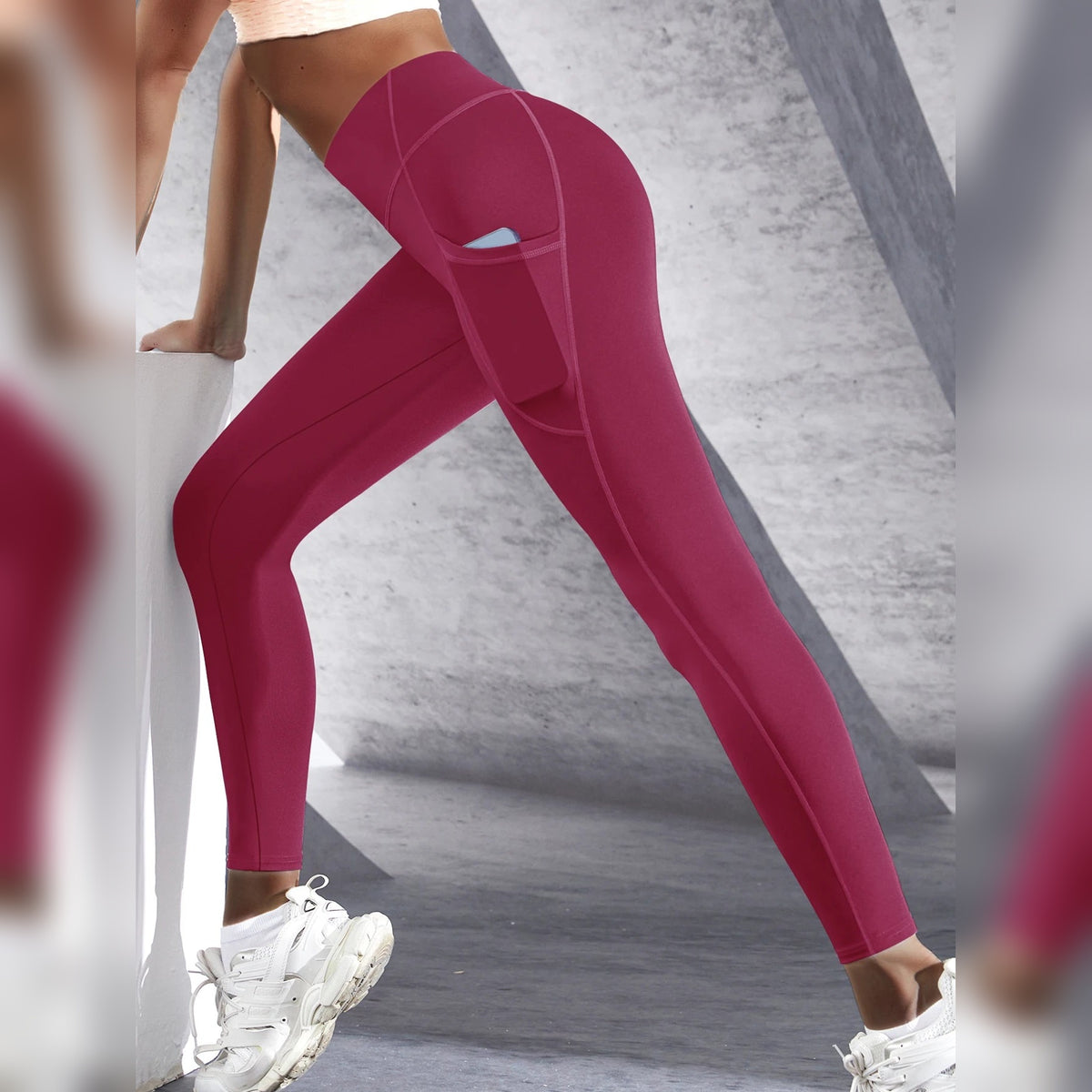 Leggings de yoga com bolsos vermelhas com bolso lateral para telemóvel – vista lateral