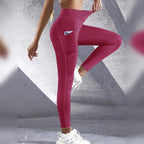 Leggings de yoga com bolsos vermelhas com perna dobrada – vista lateral