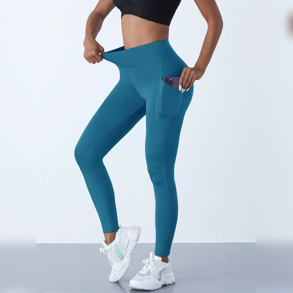 Leggings Femininas de Yoga Esticáveis com Bolsos – Azul Esverdeado
