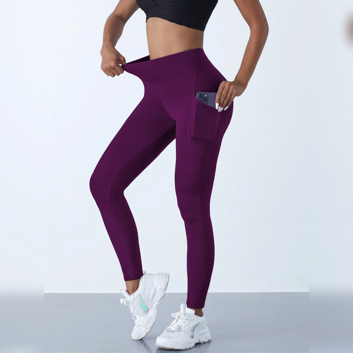 Leggings Femininas de Yoga Esticáveis com Bolsos – Roxo Escuro