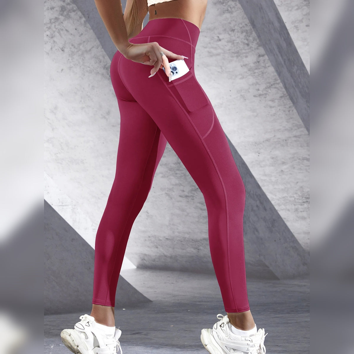 Leggings Femininas de Yoga Esticáveis com Bolsos – Vermelho Vinho