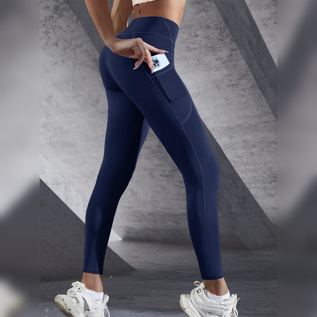 Leggings Femininas de Yoga Esticáveis com Bolsos – Azul Marinho