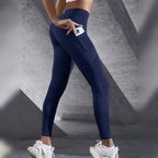 Leggings Femininas de Yoga Esticáveis com Bolsos – Azul Marinho