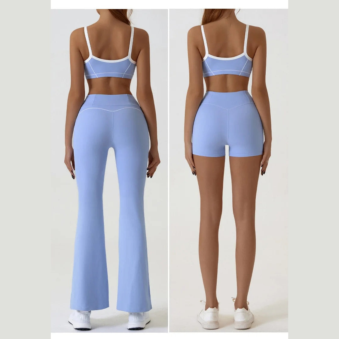 Conjunto Maranatha azul com top, calças flare e calções – vista de frente