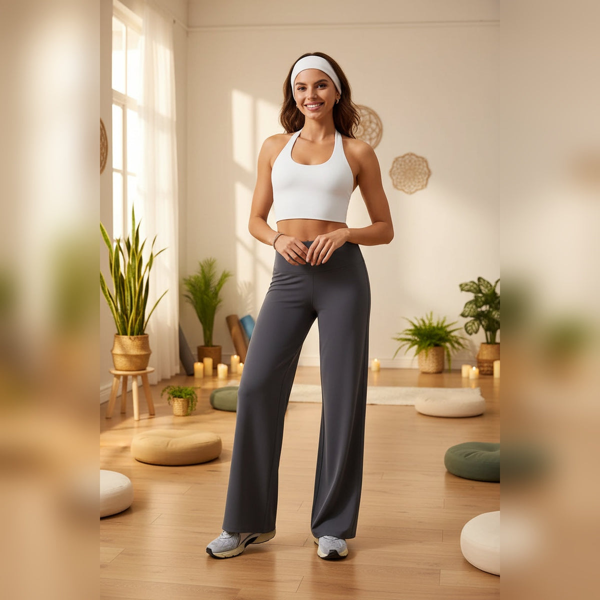 Calças Second Skin Flow cinzentas com top branco numa sala de yoga – lifestyle