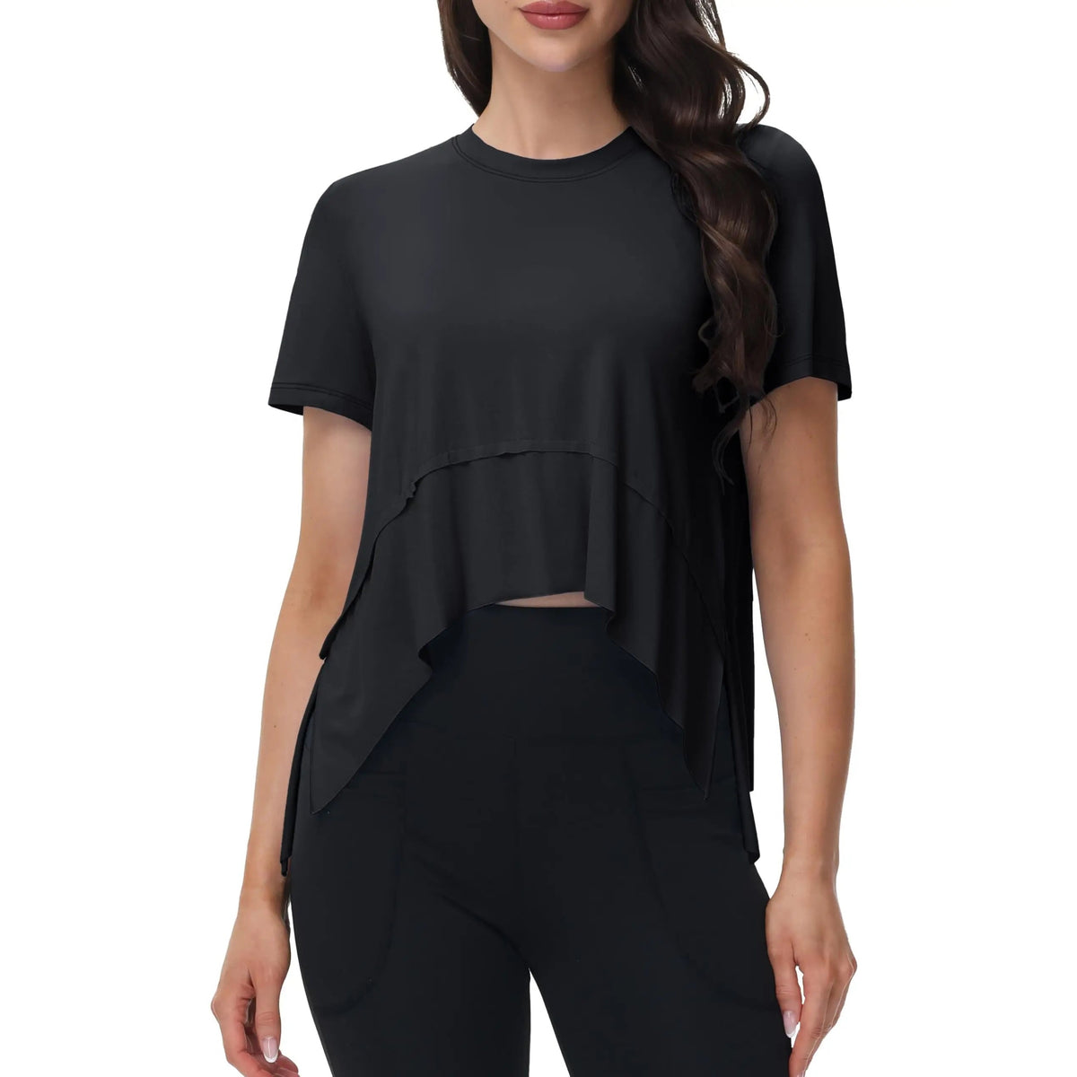 Asymmetric Flow Top – T-shirt Desportiva Feminina Fluida – Preto