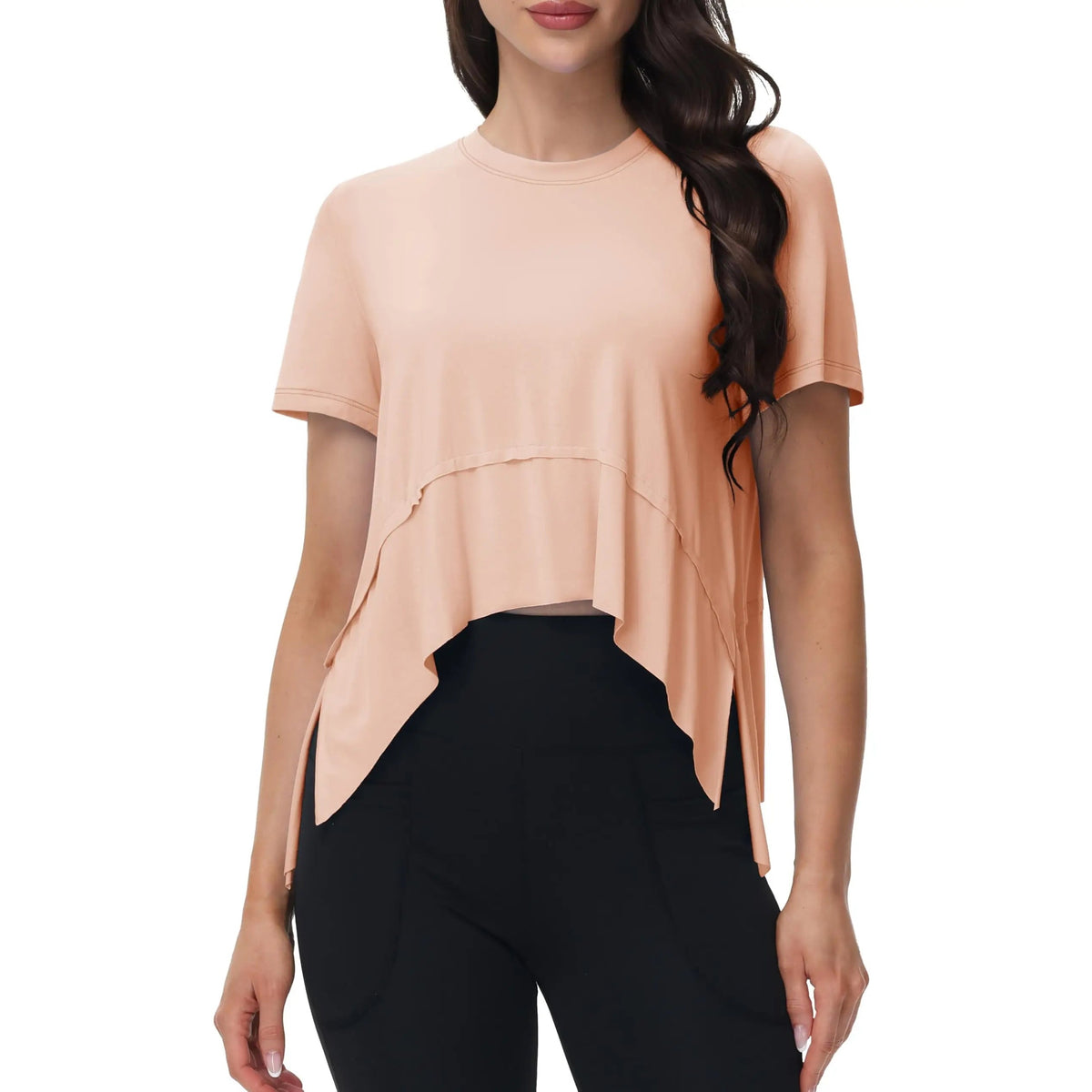 Asymmetric Flow Top – T-shirt Desportiva Feminina Fluida – Damasco