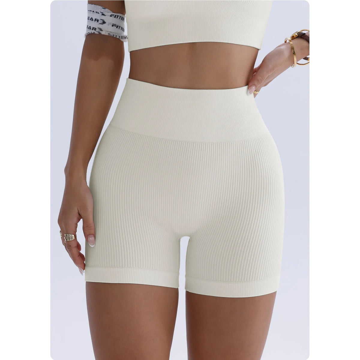 Calções Ribbed Sculpt marfim de cintura alta com top cropped – vista de frente