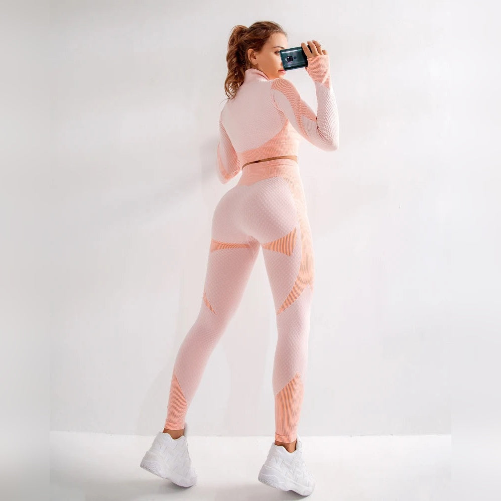 Conjunto Eternal Flow rosa e laranja com casaco curto e leggings – vista de frente