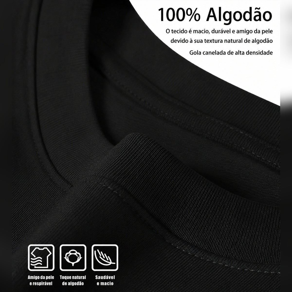 Gola da t-shirt Yoga Vibes preta com texto sobre o algodão – detalhe