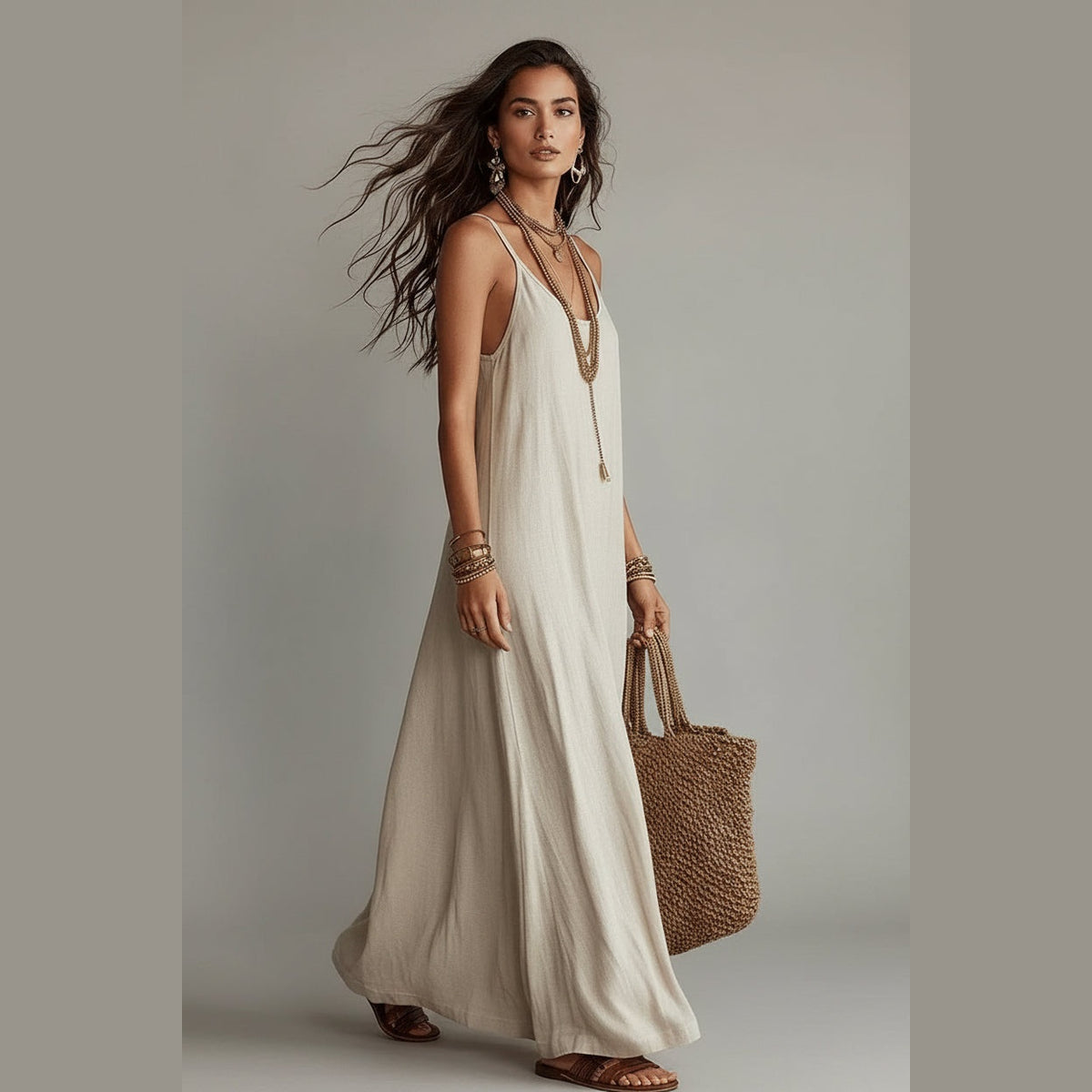 Vestido Ananda Breeze bege comprido de alças, em movimento – vista de frente