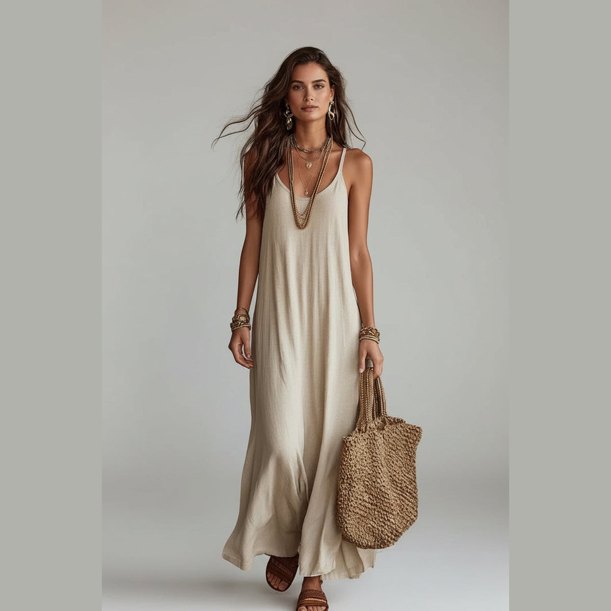Vestido Ananda Breeze bege-claro comprido de alças com mala de palha – vista de frente