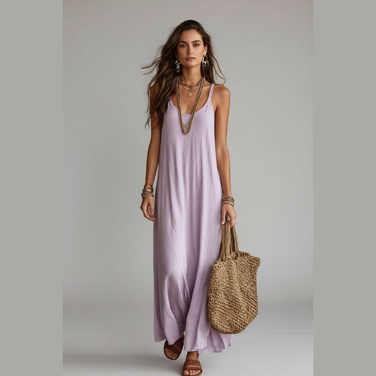 Vestido Ananda Breeze roxo-claro comprido de alças com mala de palha – vista de frente