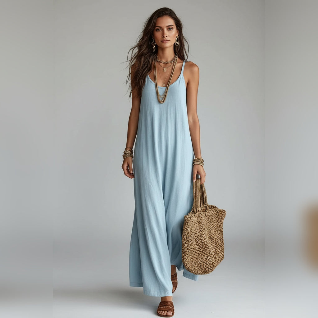 Vestido Ananda Breeze azul-claro comprido de alças com mala de palha – vista de frente