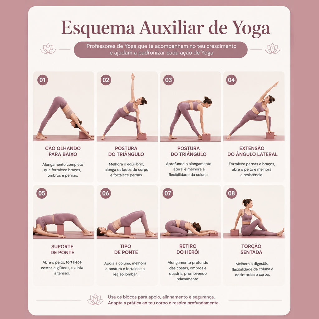 Esquema de posturas de yoga com blocos Harmony – infografia