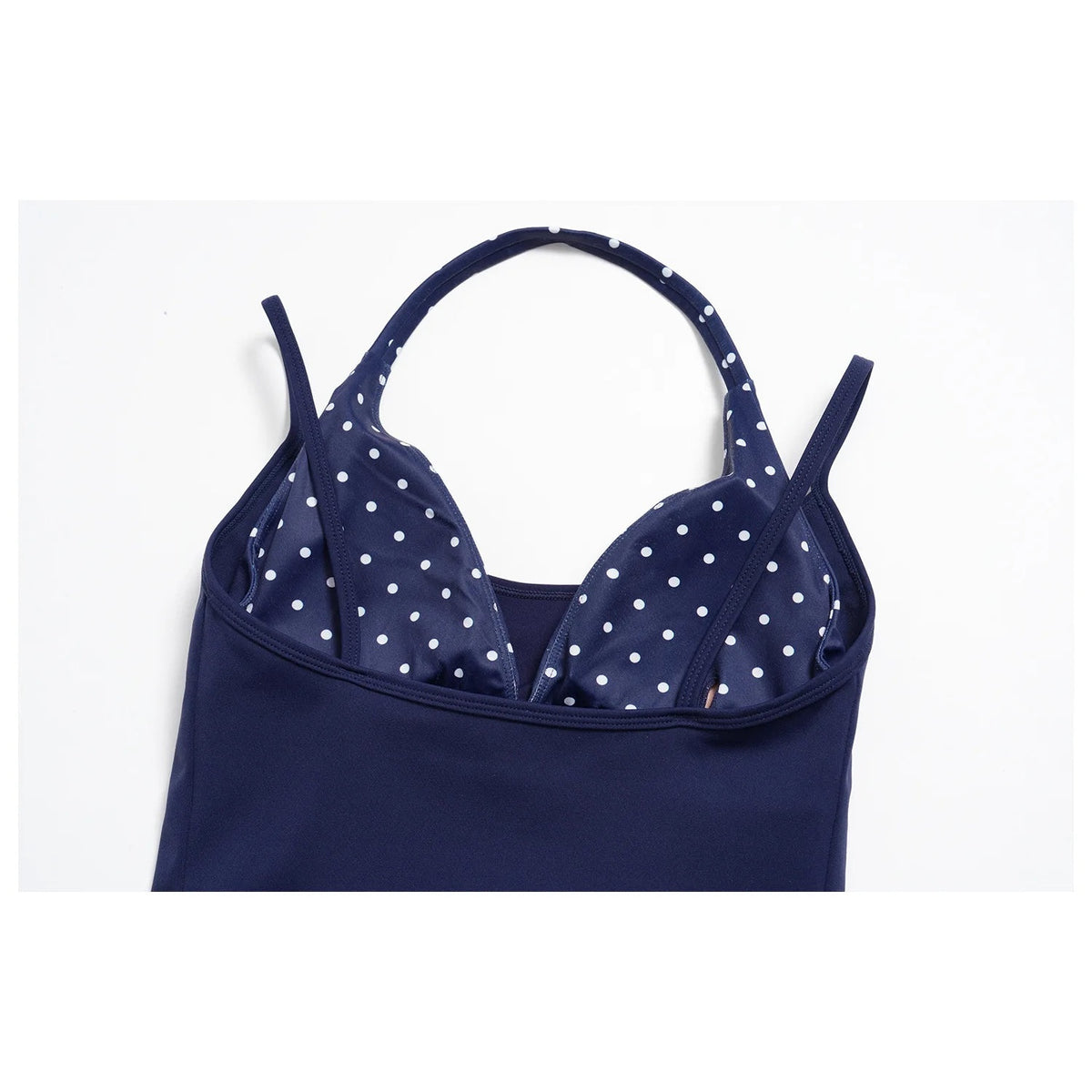 Top de atar ao pescoço Stellar Bloom azul-marinho com bolinhas – vista do produto