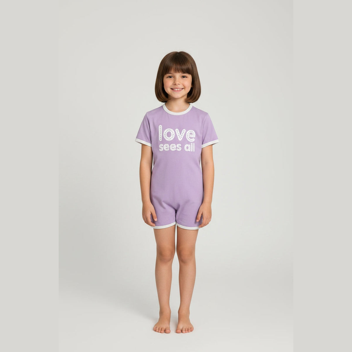 Macacão infantil Maitri lavanda com estampado de texto branco – vista de frente