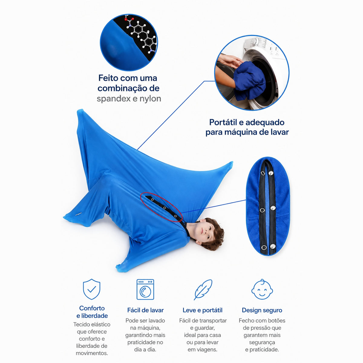 Body Sock sensorial Ananda azul com características do tecido e fecho – infografia