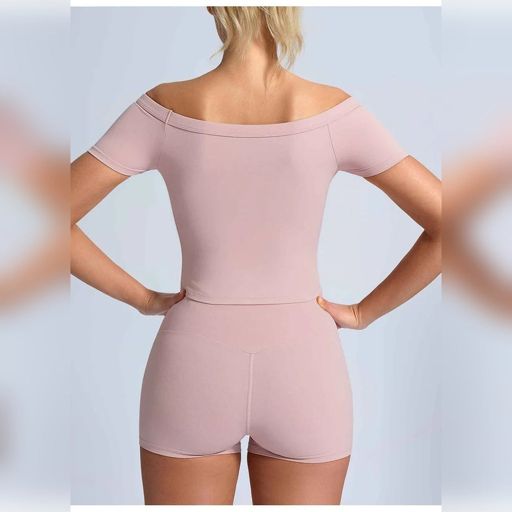 Conjunto Shakti Move rosa-acinzentado com top de ombros descobertos – vista de costas