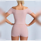 Conjunto Shakti Move rosa-acinzentado com top de ombros descobertos – vista de costas