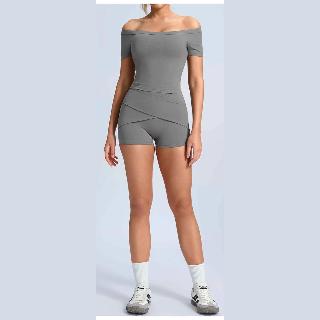 Conjunto Shakti Move cinzento com top de ombros descobertos – vista de frente
