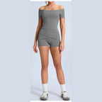 Conjunto Shakti Move cinzento com top de ombros descobertos – vista de frente