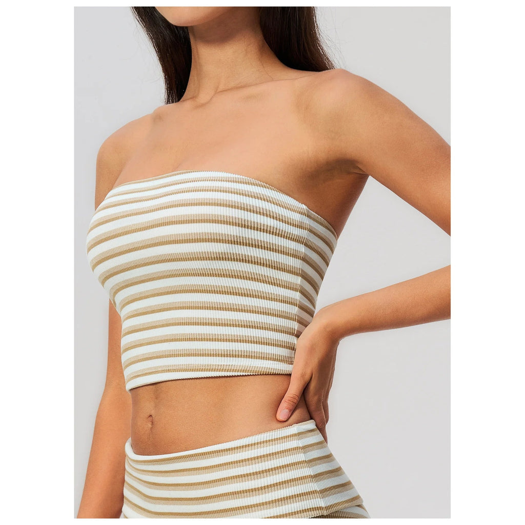 Top cai-cai Prana Stripe caqui e branco às riscas – vista de frente