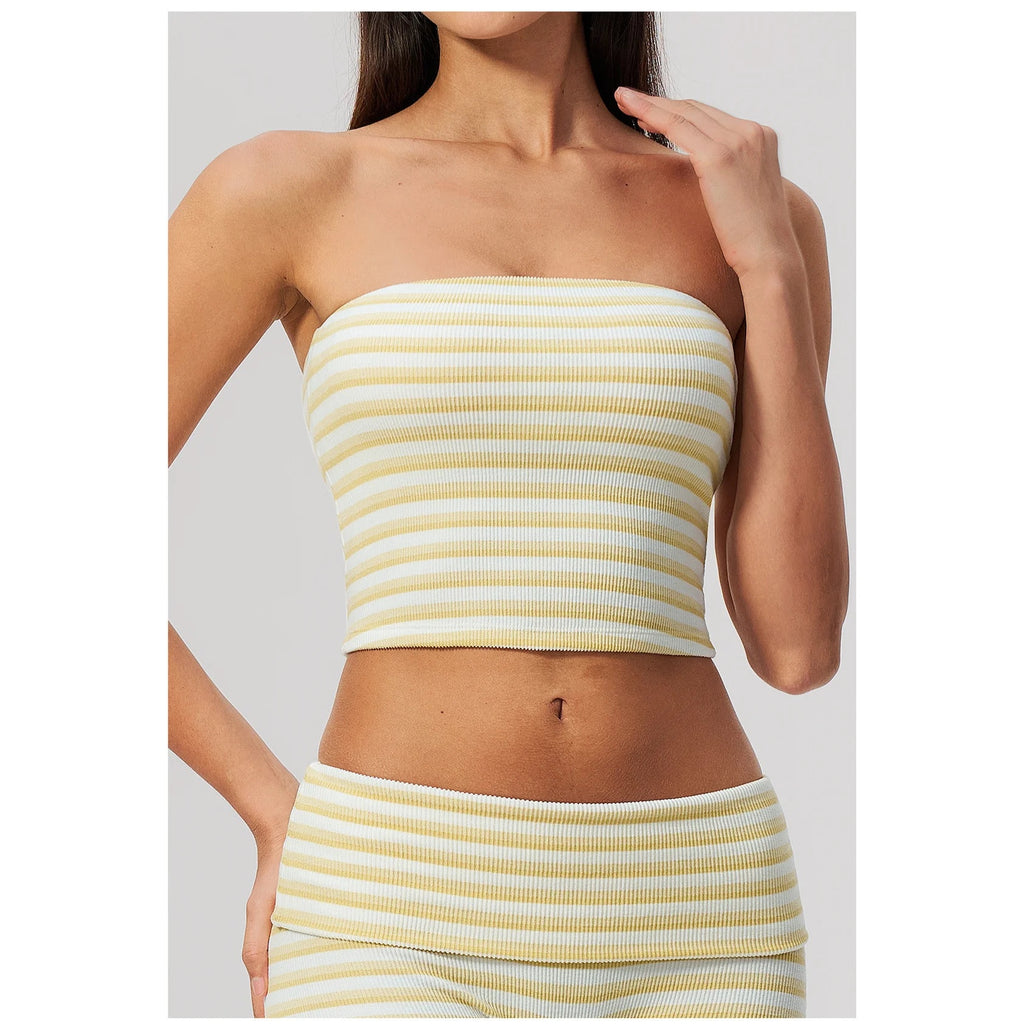 Top cai-cai Prana Stripe amarelo e branco às riscas – vista de frente