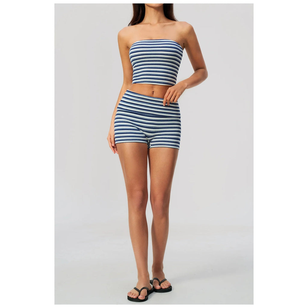Calções Prana Stripe azul-real às riscas com top cai-cai – vista de frente