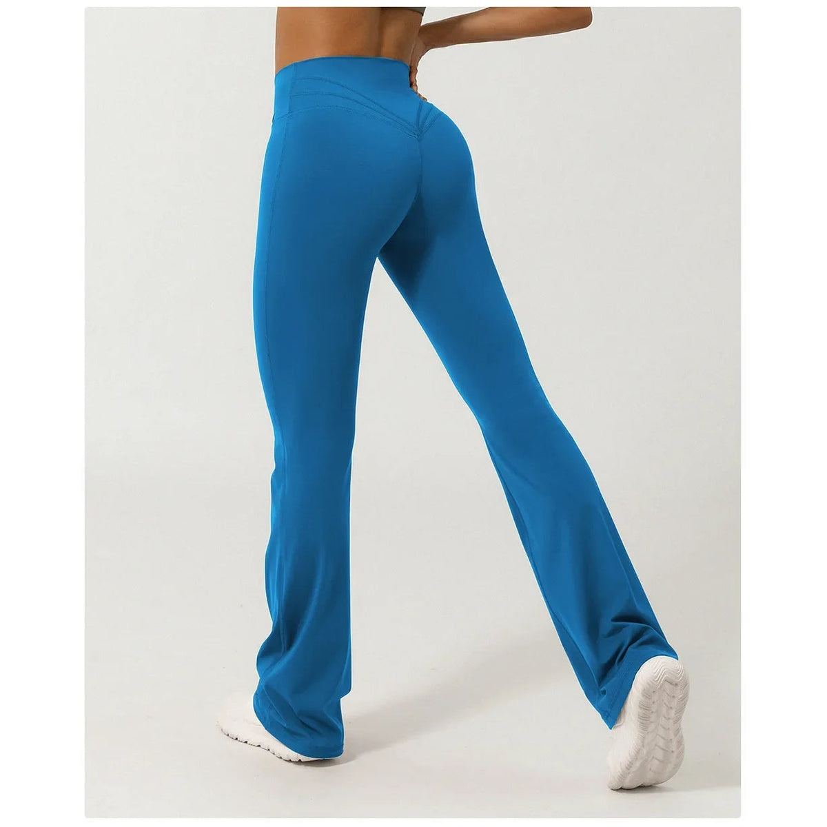 Leggings flare Prana Flow azuis de cintura alta – vista lateral de costas