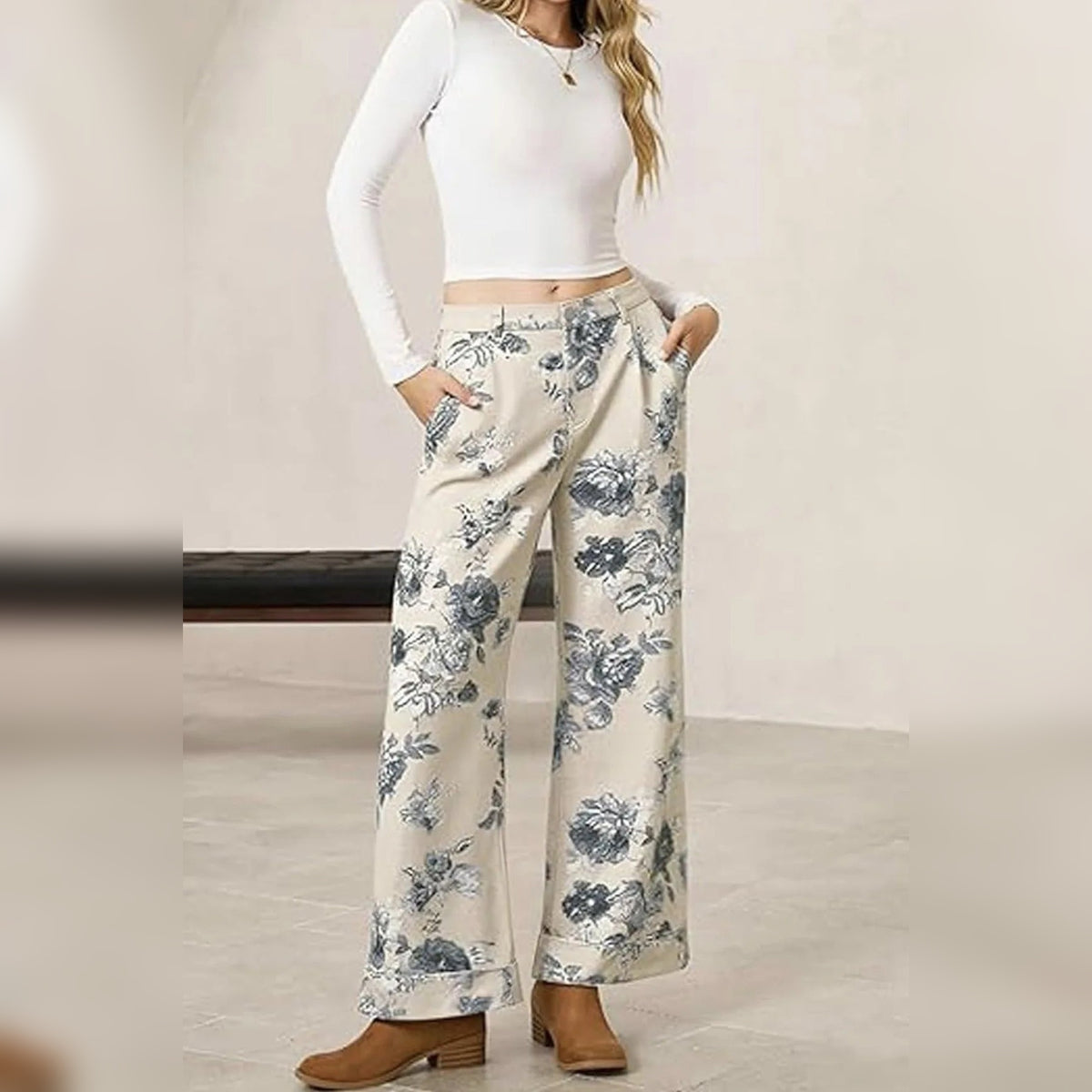 Calças Wide Leg Florais Prana Denim branco