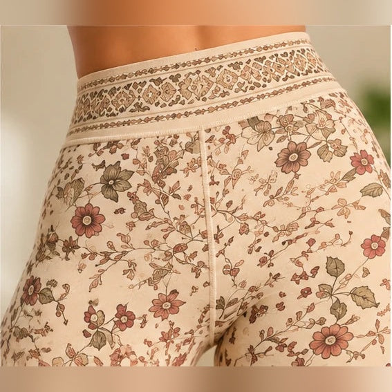 Leggings de Yoga Boho Spirit bege – detalhe da cintura e estampado