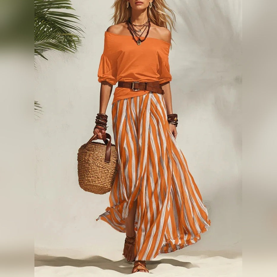 Conjunto feminino boho de top com mangas bufantes e saia comprida às riscas – fotografia 9
