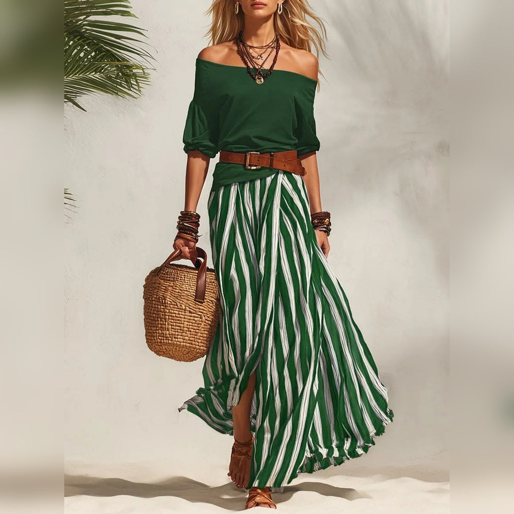 Conjunto feminino boho de top com mangas bufantes e saia comprida às riscas – fotografia 11