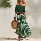 Conjunto feminino boho de top com mangas bufantes e saia comprida às riscas – fotografia 11