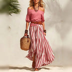 Conjunto feminino boho de top com mangas bufantes e saia comprida às riscas – fotografia 16