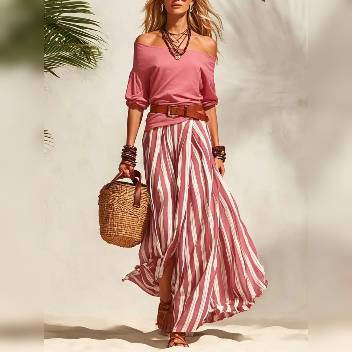 Conjunto feminino boho de top com mangas bufantes e saia comprida às riscas – fotografia 16