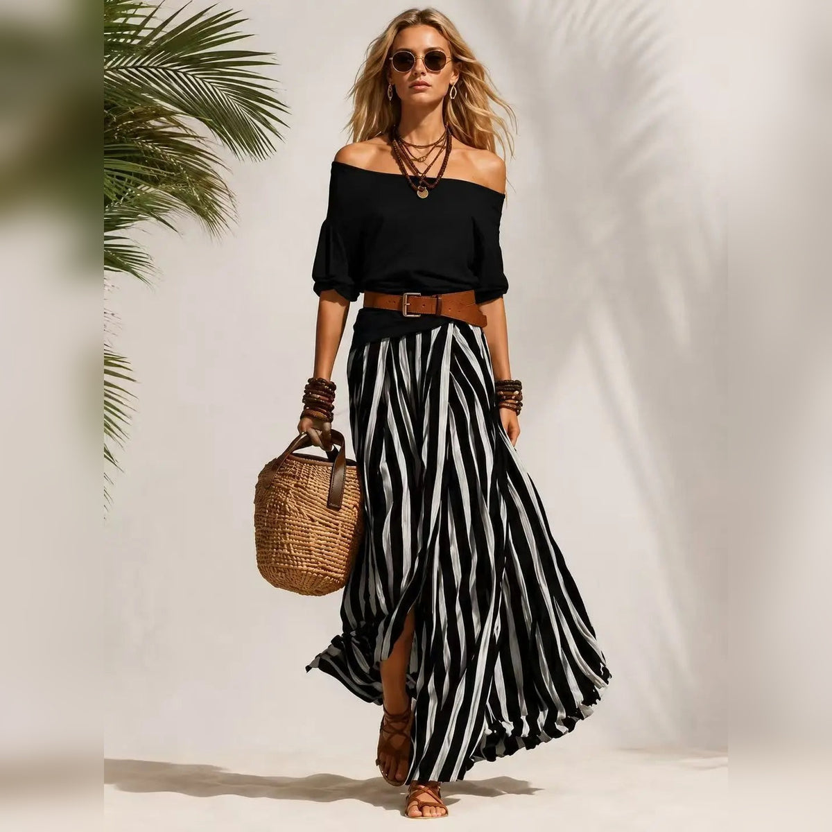 Conjunto feminino boho de top com mangas bufantes e saia comprida às riscas – fotografia 17