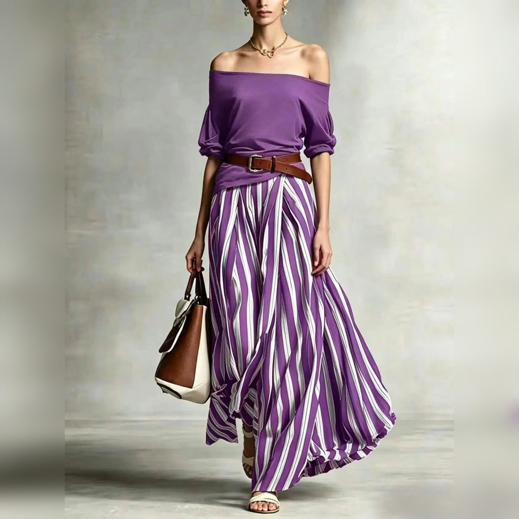 Conjunto feminino boho de top com mangas bufantes e saia comprida às riscas – fotografia 20