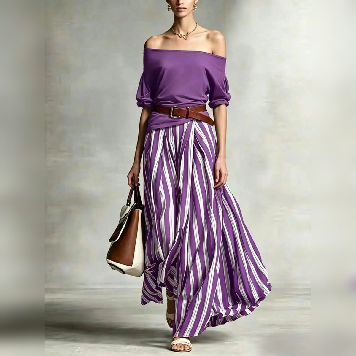 Conjunto feminino boho de top com mangas bufantes e saia comprida às riscas – fotografia 20